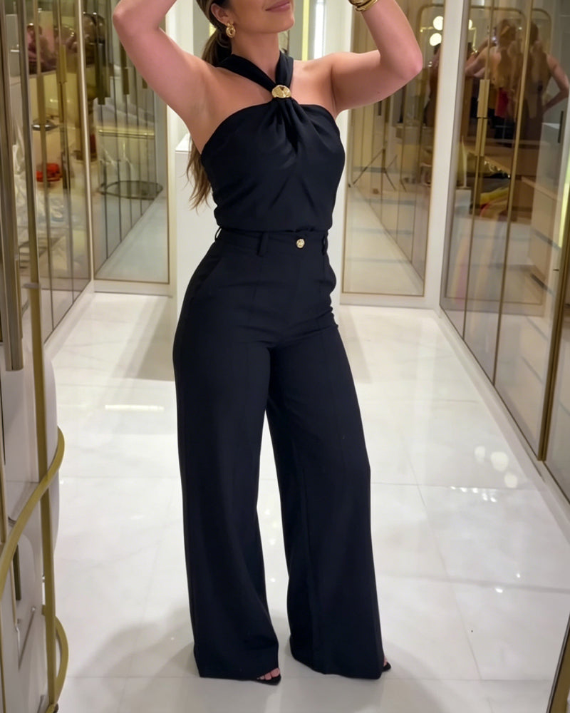 Women's 2 Piece Outfits Halter Neck Ruched Top and Wide Leg Pants Set Elegant Gold Decor Suits - Image 6