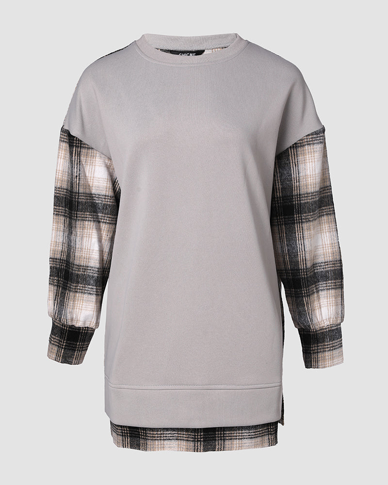 Plaid Print Spliced Long Sleeve Drop Shoulder Sweatshirt Casual Side Slit Top - Image 5