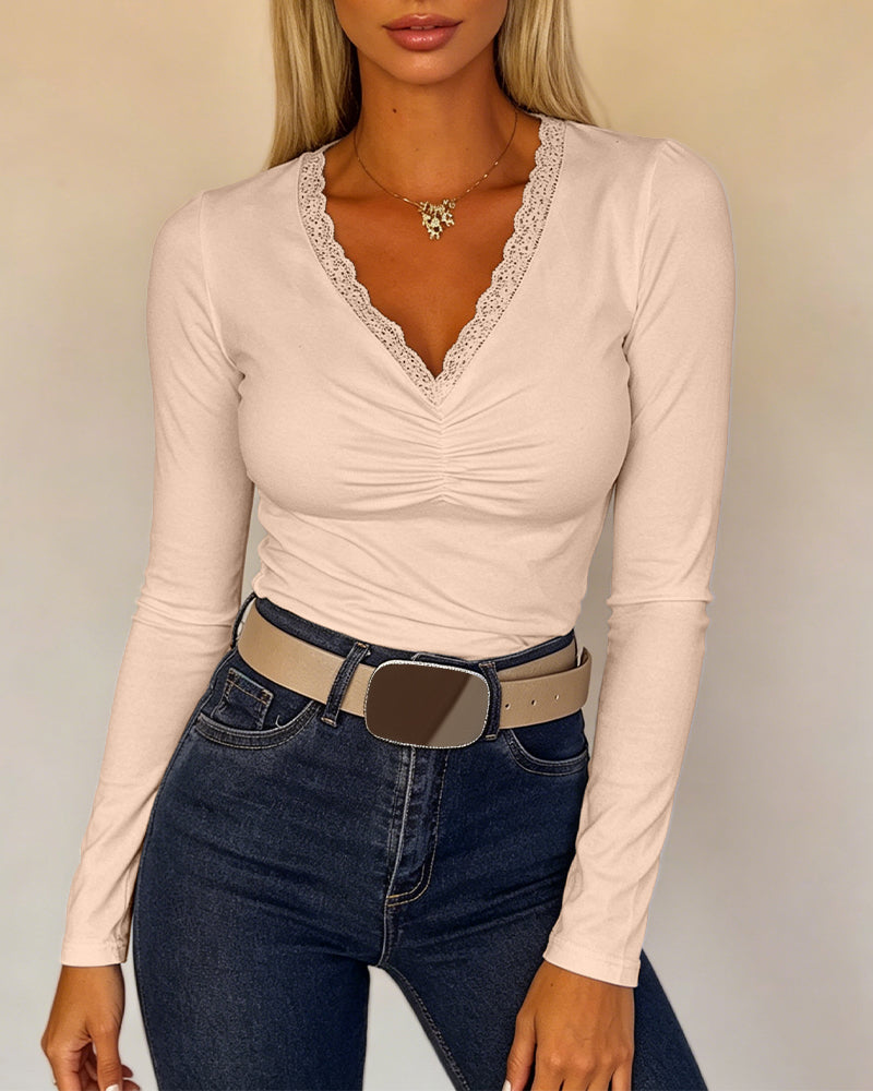 Women's Lace V Neck Ruched T Shirt Slim Fit Long Sleeve Tee Casual Elegant Top - Image 8