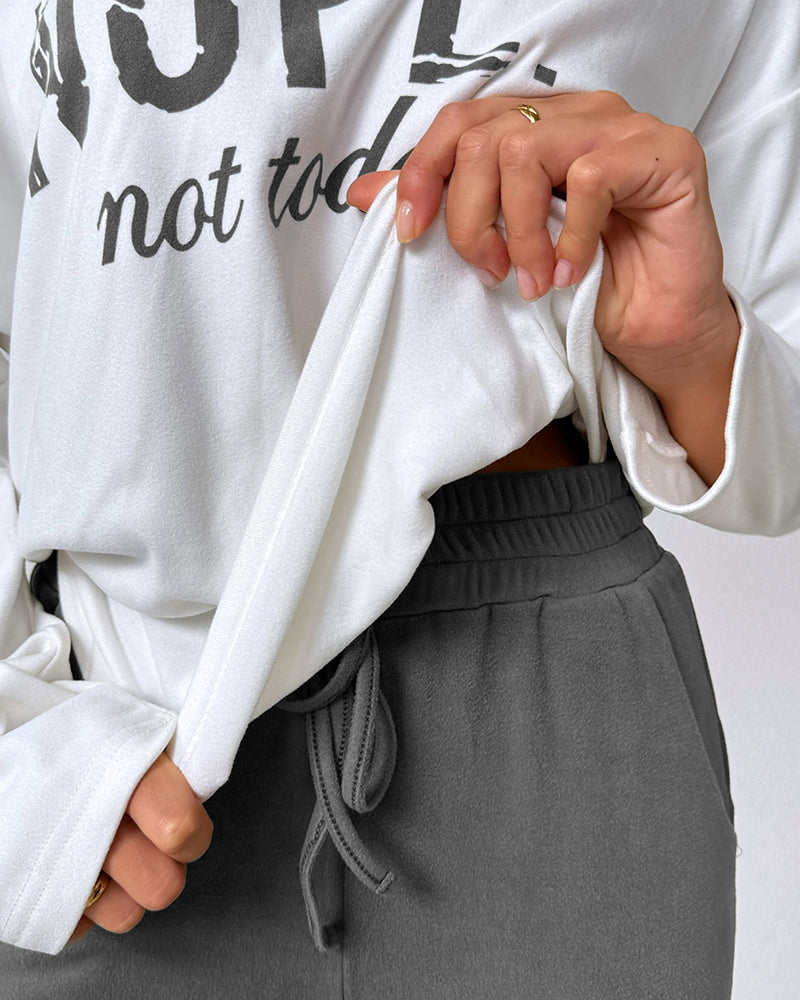 2 Pieces Outfit Nope. Not Today Slogan Print Skew Neck Long Sleeve Pullover Top And Casual Drawstring Stretchy Waist Slim Fit Pants Set - Image 17