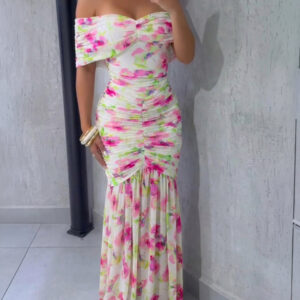 Floral Print Foldover Off Shoulder Ruched Maxi Dress Elegant Mermaid Hem Party Dress