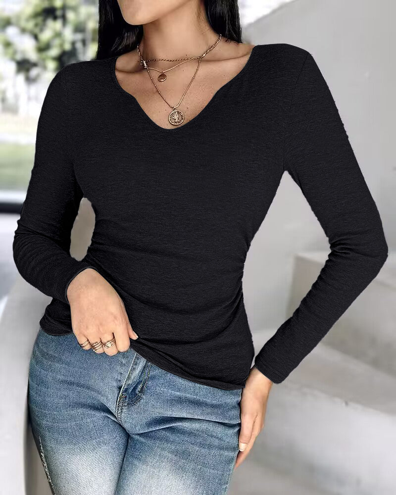Chicme Built In Bra Notch Neck Long Sleeve Shirts Rib Knit Ruched Waist Top - Image 9