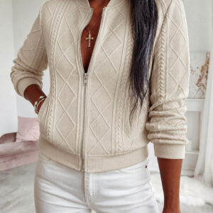 Women's Vintage Cable Knit Bomber Jacket Casual Argyle Zip Up Crop Coat with Pockets