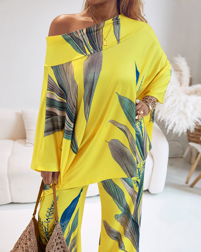 2 Pieces Outfit Plants Print Cold Shoulder Batwing Sleeve Top and Casual Wide Leg Pants Set - Image 7