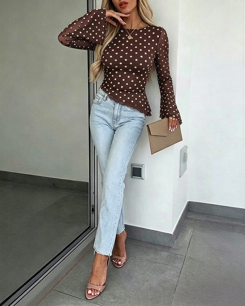 Women's Polka Dot Mesh Top Flare Long Sleeve Boat Neck Lined Asymmetric Frill Hem Blouse Vintage Party Shirt - Image 18