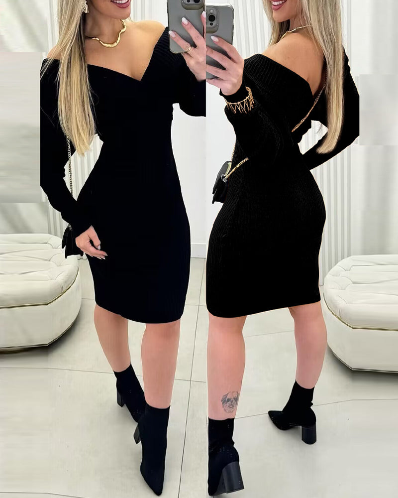 Off Shoulder Slim Fit Knit Long Sleeve Dress Bodycon Sweater Dress - Image 6