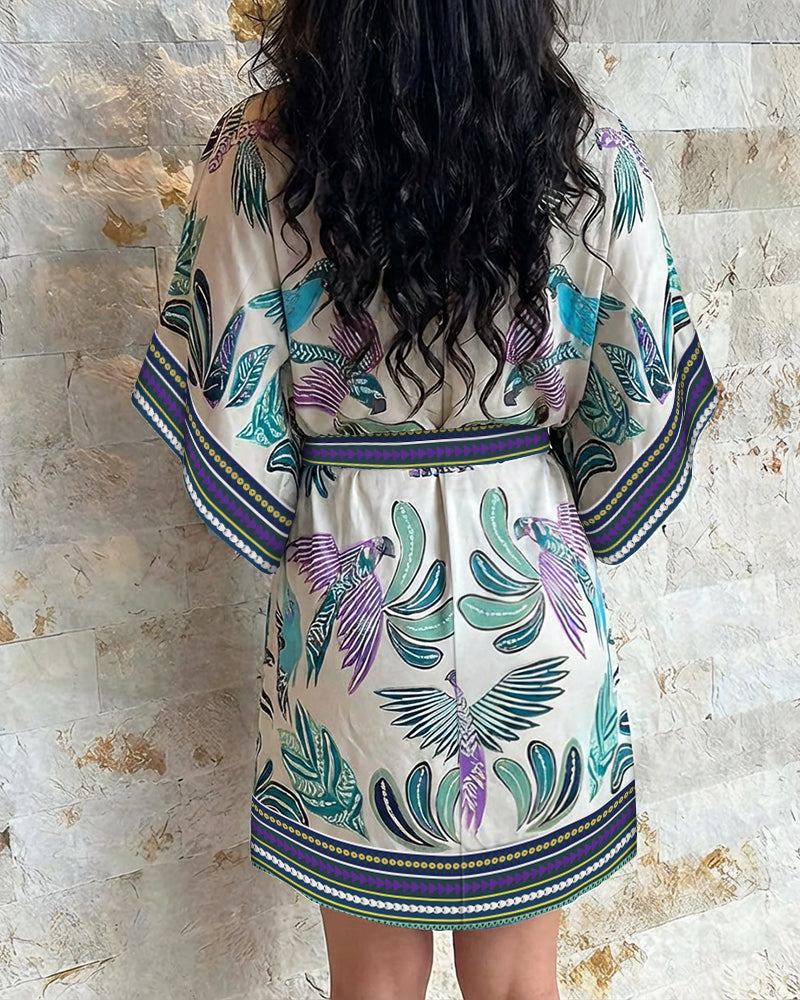 2 Pieces Outfit V-Neck Batwing Sleeve Bodysuit and Zipper Back Tie Waist Wrap Front Skirt Set Casual Animal & Plants Print Vacation Set - Image 2