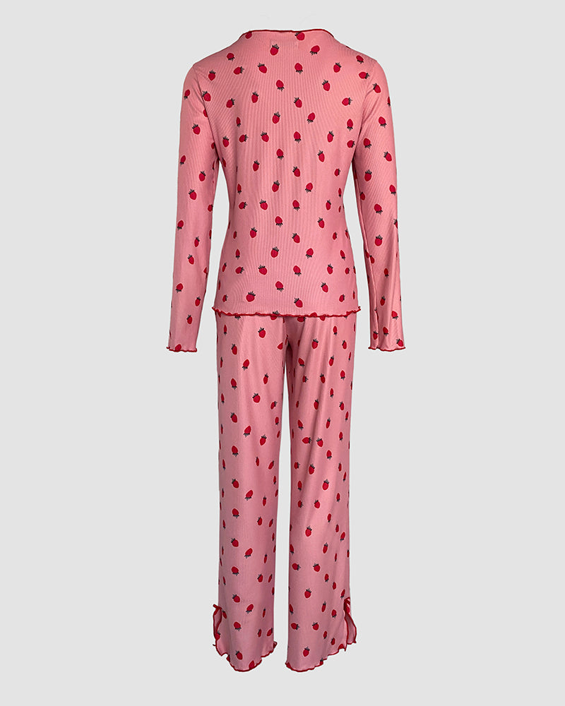 2 Pieces Outfit Bowknot Decor Turn-down Collar V-Neck Top and Elastic Waist Slit Hem Pants Set Casual Strawberry Print Frill Trim Ribbed Pajamas Set - Image 10
