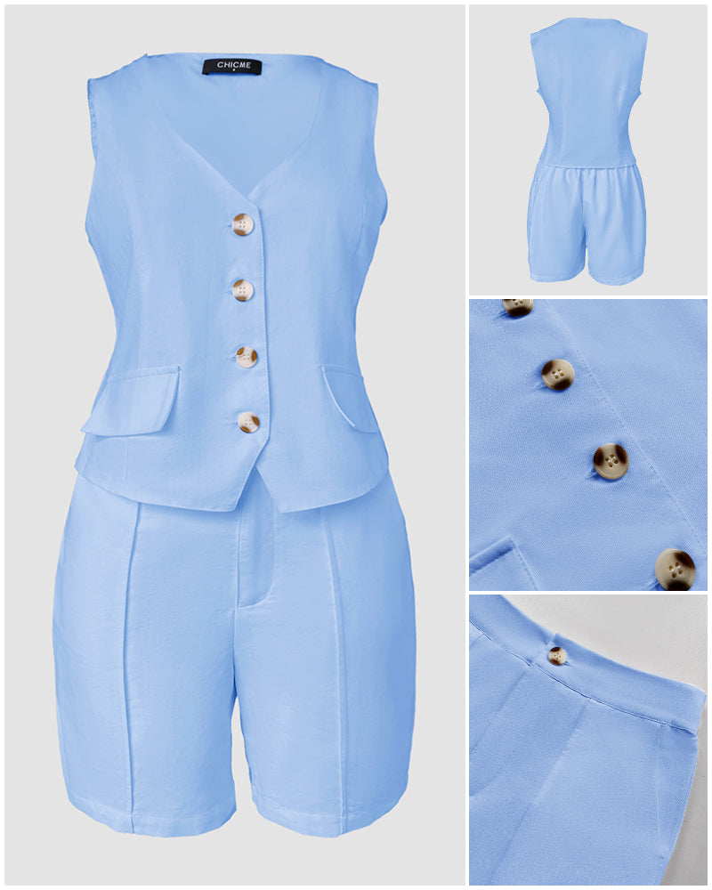 2 Pieces Outfit V Neck Button Front Flap Detail Vest Top and Casual Pockets Design Zipper Fly Elastic Back Waist Shorts Set - Image 13