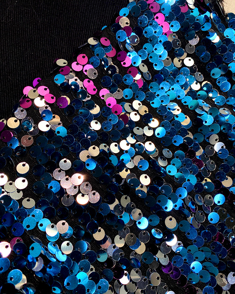 Colorblock Sequin Patchwork Long Sleeve Jacket Top Button Front Raw Hem Shacket - Image 5