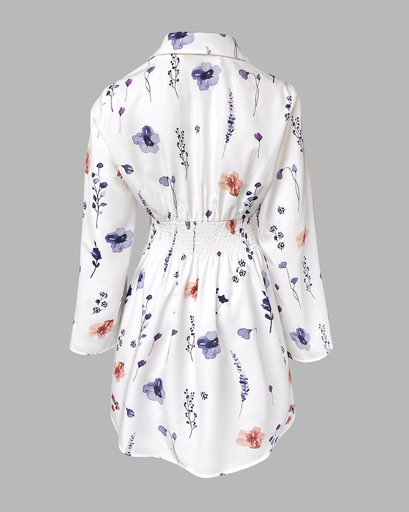 Watercolor Floral Print Turn-down Collar Turn-Up Sleeves Shirred Back Shirt Dress Casual Button Down Cinched Waist Asymmetrical Hem Vacation Dress - Image 6