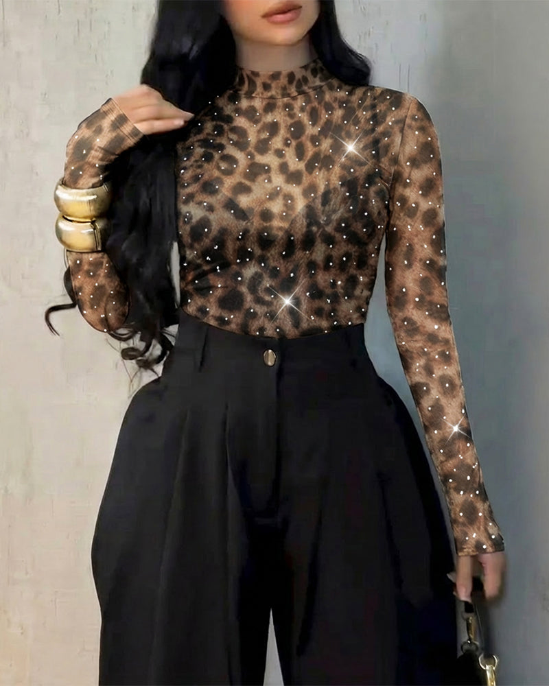 Rhinestone Decor Leopard Print Mock Neck Long Sleeve Tee Sexy Slim Fit Sheer Top - Image 6