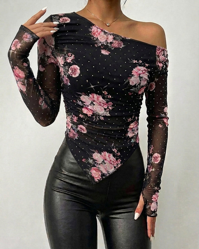 Women's Skew Neck Floral Mesh Top Rhinestone Long Sleeve Shirt Ruched Slim Fit Asymmetrical Hem Blouse with Thumbholes - Image 4