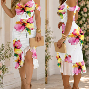 CHICME Women's Watercolor Floral Print Mesh Ruffle Hem Dress Adjustable Pearl Strap Cowl Neck Slit Bodycon Dress
