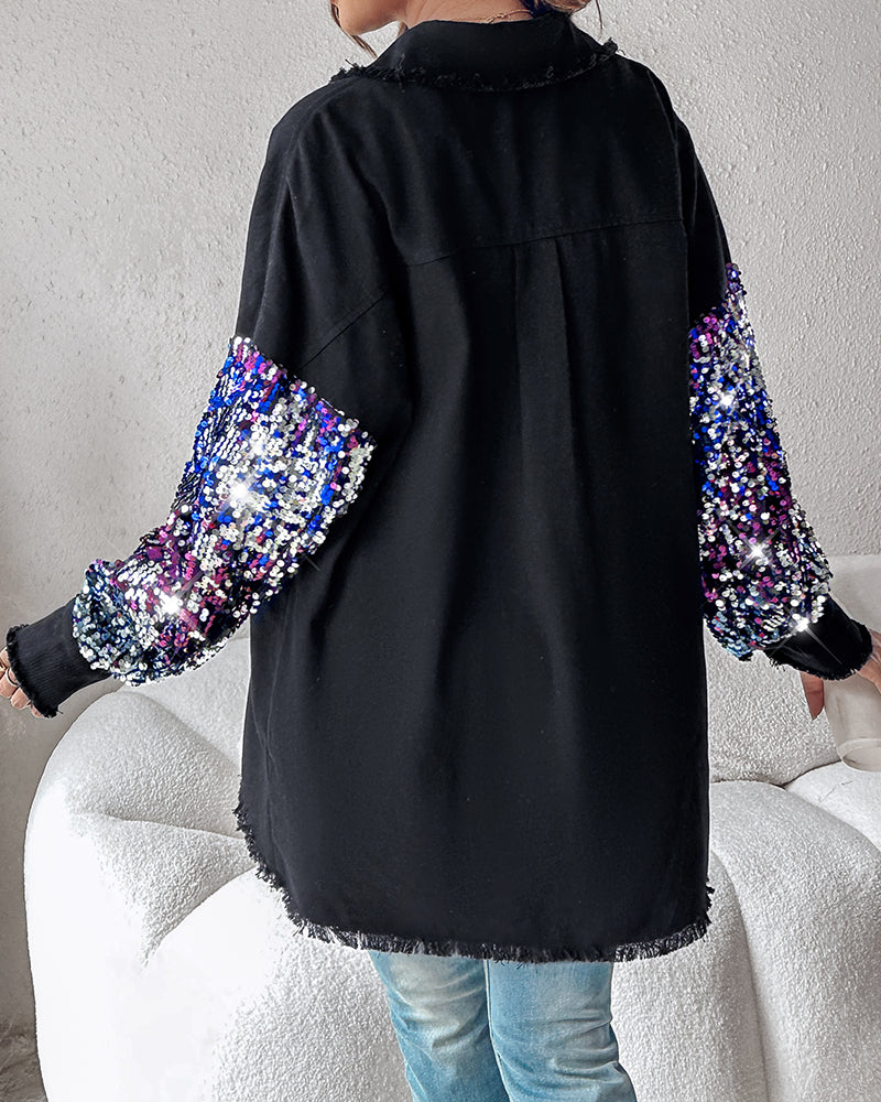 Colorblock Sequin Patchwork Long Sleeve Jacket Top Button Front Raw Hem Shacket - Image 7