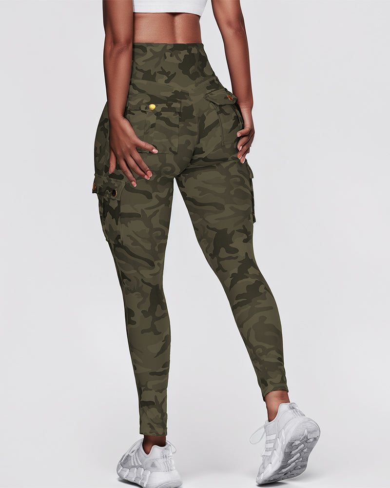 Camouflage Print High Waist Skinny Leggings with Cargo Flap Pockets Casual Pants - Image 5