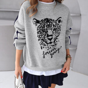 Women's Leopard Flocking Graphic Sweatshirt Crewneck Long Sleeve Pullover Casual Contrast Stripe Top