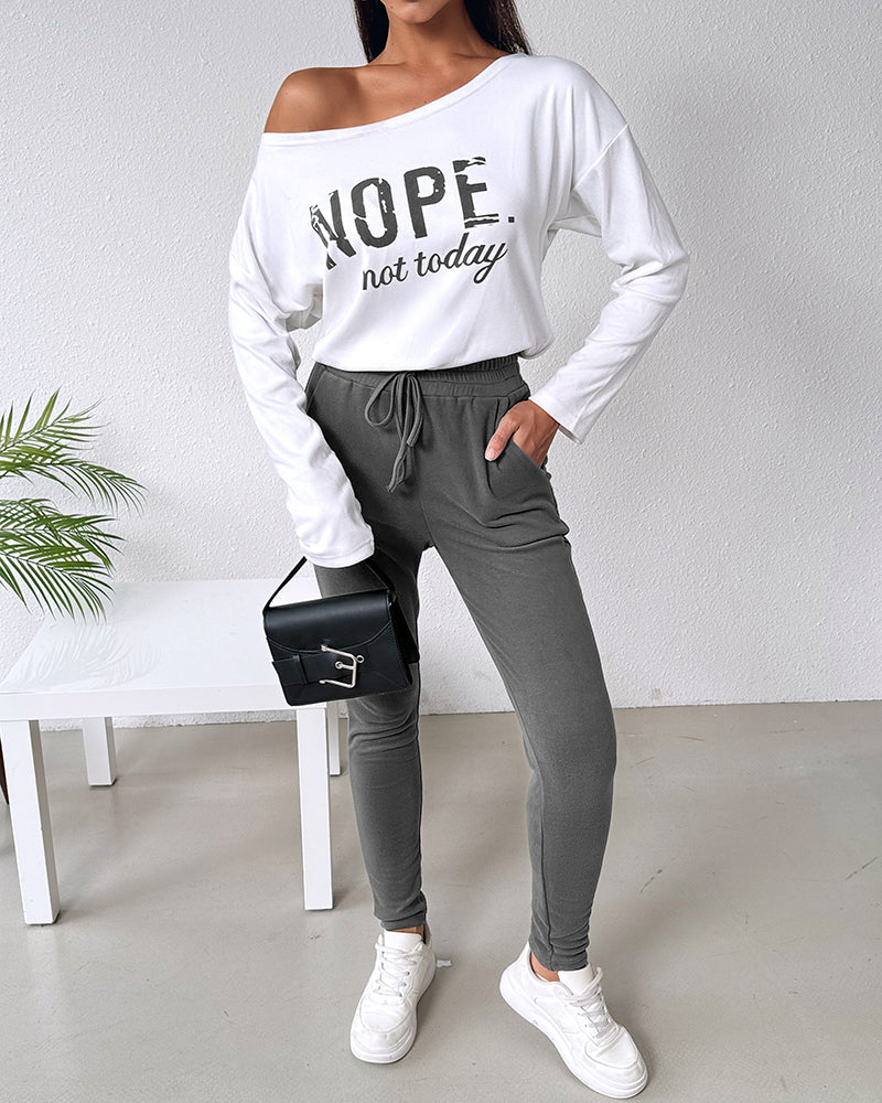 2 Pieces Outfit Nope. Not Today Slogan Print Skew Neck Long Sleeve Pullover Top And Casual Drawstring Stretchy Waist Slim Fit Pants Set - Image 21