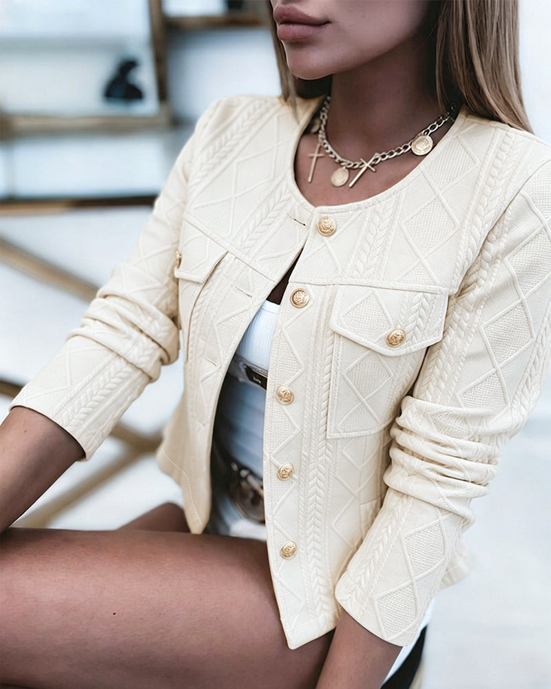 Women's French Style Cropped Jacket Round Neck Gold Button Coat Argyle Cable Jacquard Knit Outerwear - Image 16