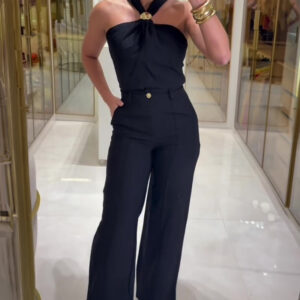 Women's 2 Piece Outfits Halter Neck Ruched Top and Wide Leg Pants Set Elegant Gold Decor Suits