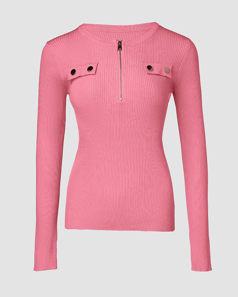 Crewneck Half Zipper Flap Detail Knit Sweater Long Sleeve Slim Fit Ribbed Pullover Top - Image 14