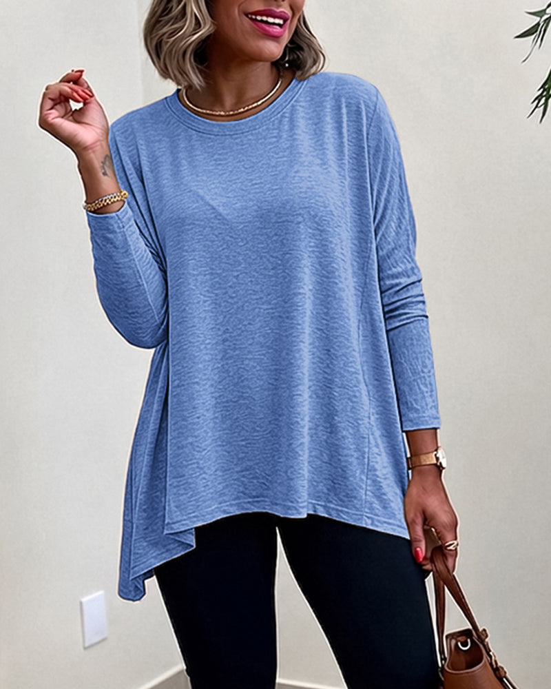 Women's Asymmetric Hem Long Sleeve Top Loose Fit Dropped Shoulder Crewneck Soft Slouchy Casual Tee - Image 23
