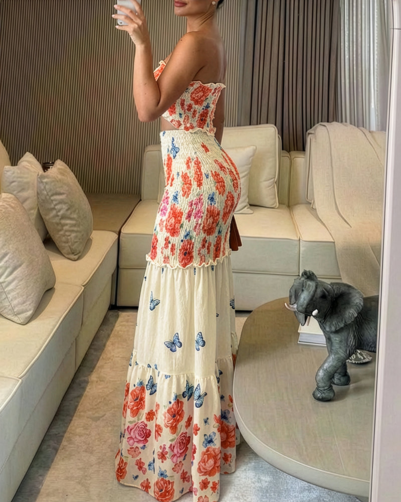 Floral & Butterfly Print Frill Trim Bandeau Tied Detail Ruched Mermaid Hem Dress Elegant Cutout Front Shirred Ruffle Hem Vacation Dress - Image 4