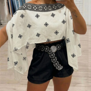 Vintage Baroque Print Off Shoulder Split Sleeve Convertible Shoulder Casual Top with Bandeau