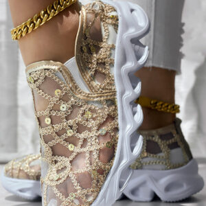 Contrast Sequin Sheer Mesh Patch Breathable Sneakers