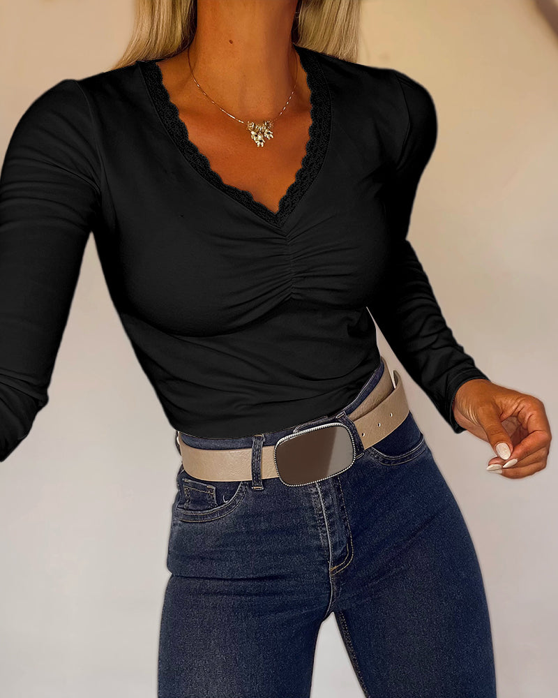 Women's Lace V Neck Ruched T Shirt Slim Fit Long Sleeve Tee Casual Elegant Top - Image 11