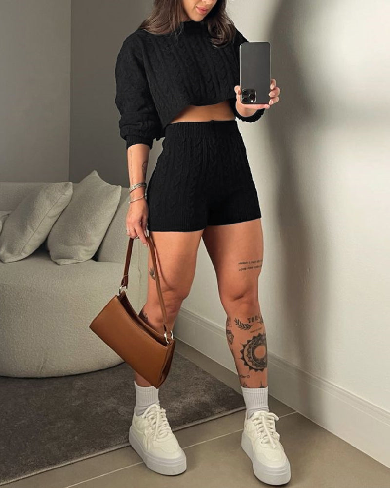 2 Piece Crewneck Long Sleeve Cable Knit Crop Sweater High Waist Shorts Tracksuits Outfits - Image 19