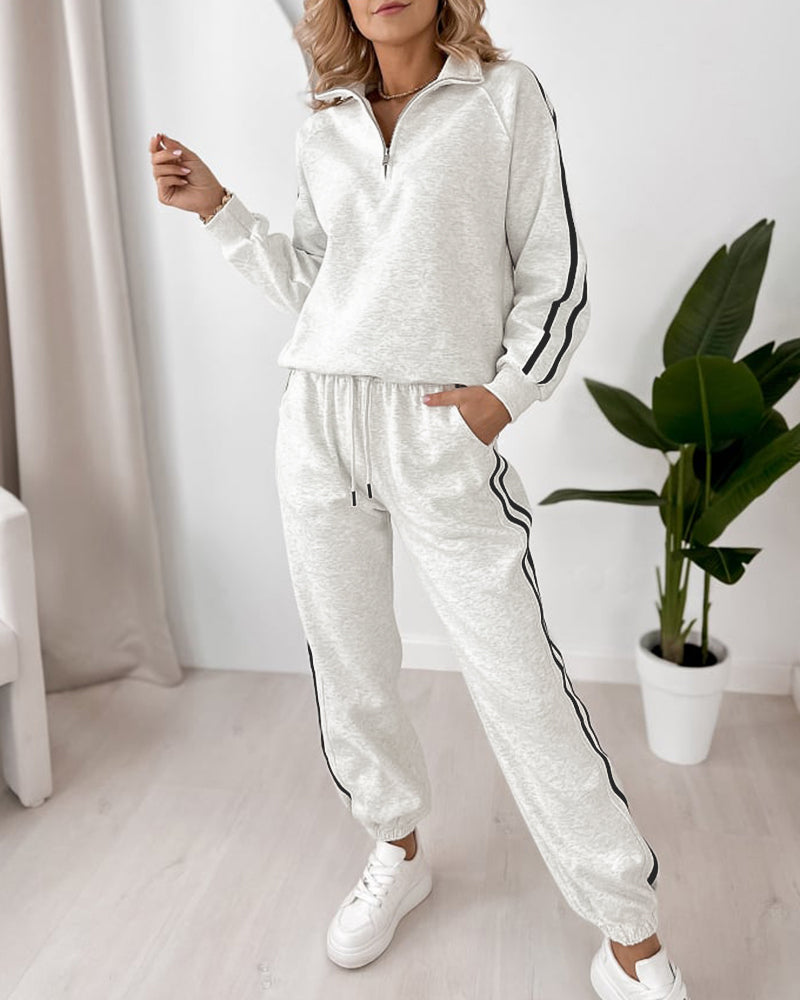 Women's Contrast Side Stripe Two Piece Sweatsuit Half Zip Sweatshirt and High Waisted Joggers Set Casual Tracksuit - Image 3