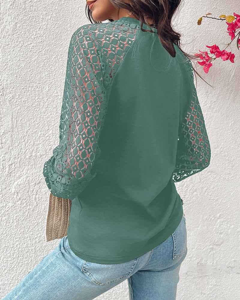 Contrast Lace Round Neck Lantern Sleeve Ruched Blouse Elegant Shirt - Image 18