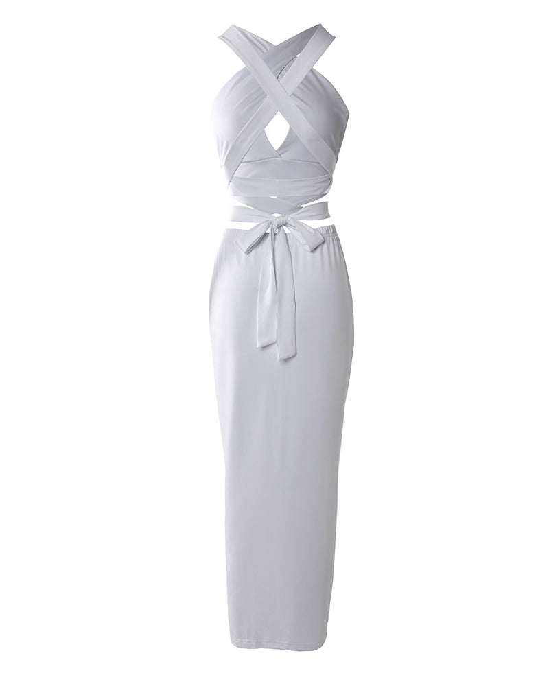 Women's Two Piece Set Criss Cross Halter Backless Crop Top and High Slit Ruched Skirt Sexy Matching Set - Image 7