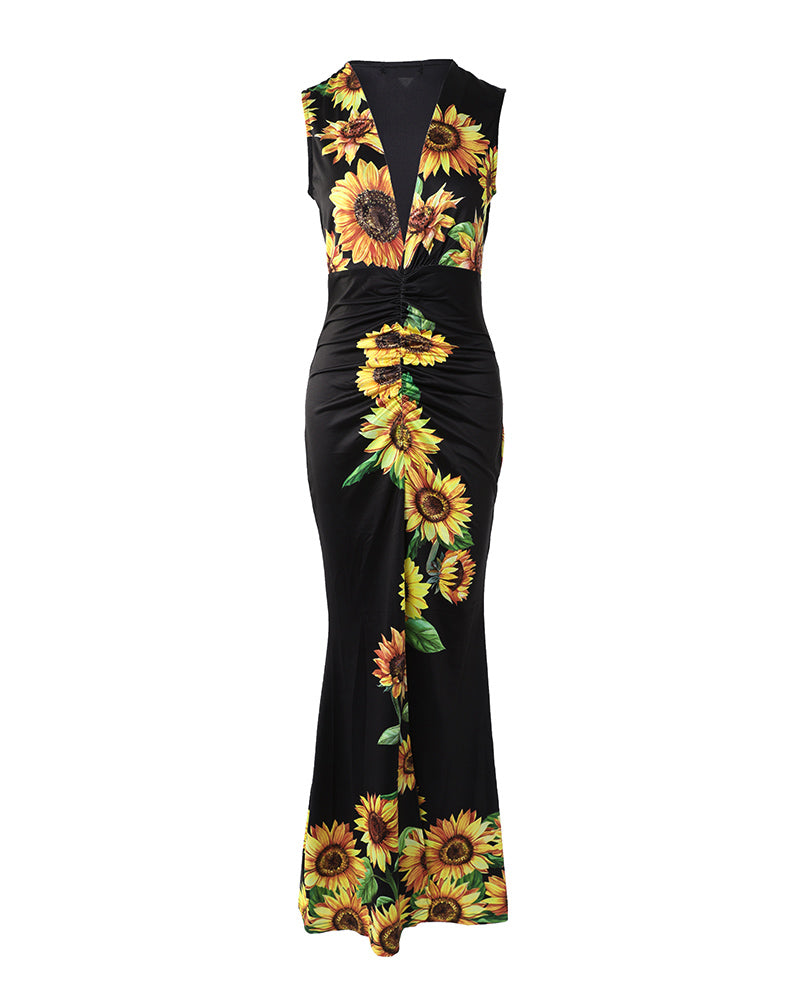 Plunge Sunflower Print High Slit Party Dress - Image 4