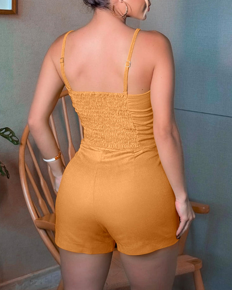 2 Pieces Outfit Adjustable Spaghetti Straps Button Front Shirred Back Crop Cami Top and Casual Zipper Fly Elastic Back Waist Shorts Set - Image 5