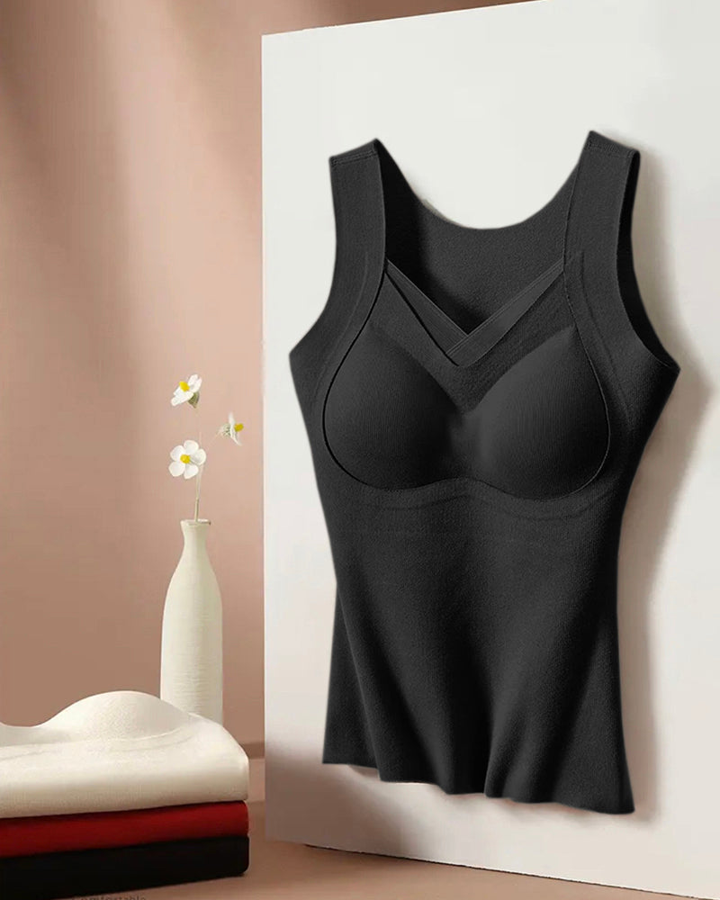 Sheer Mesh Spliced V Neck Sleeveless Built In Bra Tank Casual Warm Fleece Lined Slim Fit Top - Image 27