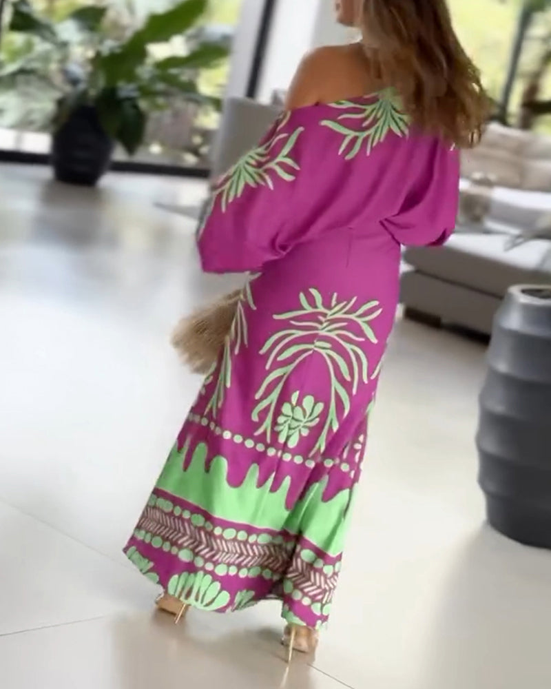 2 Pieces Outfit Skew Neck Lantern Sleeve Loose Fit Top and High Waist Elastic Waist Fishtail Maxi Skirt Set Casual Tropical Print Vacation Set - Image 2