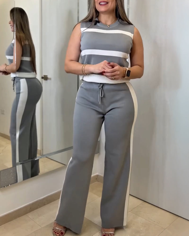 Striped Print Round Neck Sleeveless Top and Casual Elastic Waist Drawstring Pants Sets - Image 8