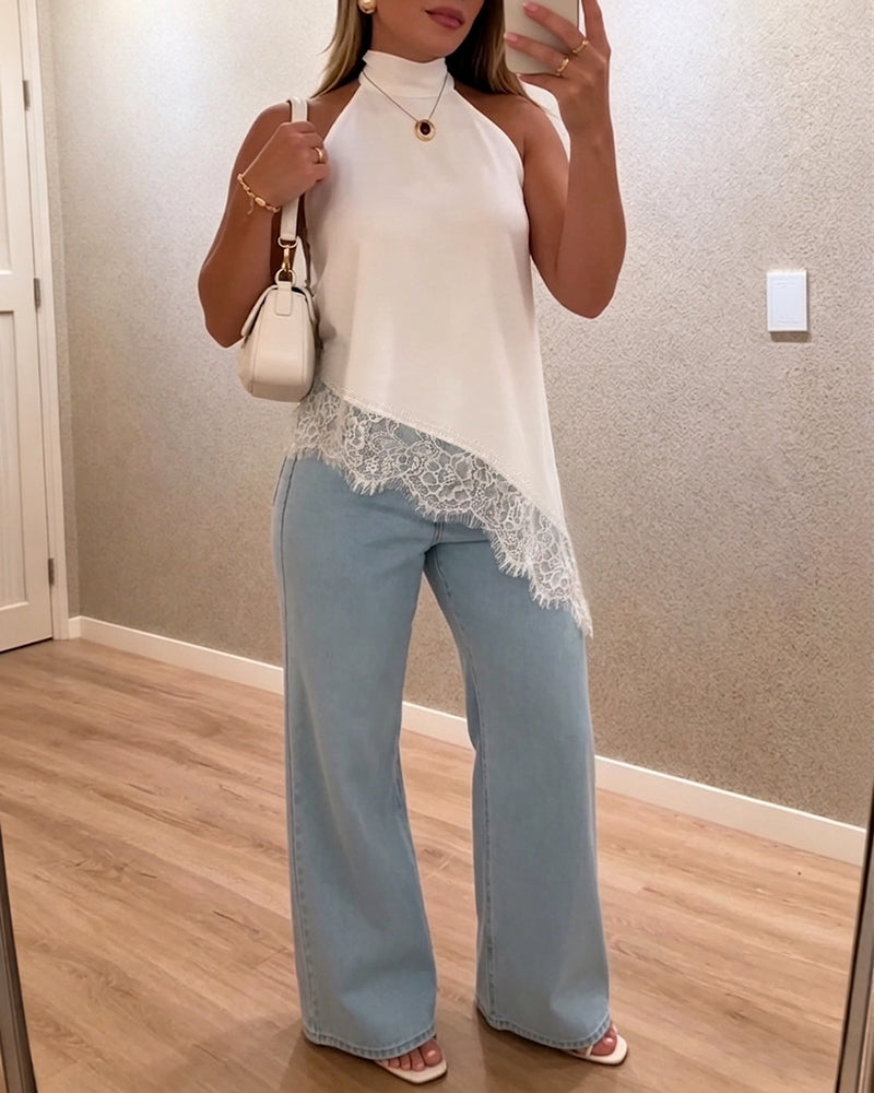 Women's Halter Tie Lace Patchwork Top Elegant Sleeveless Asymmetrical Hem Blouse - Image 5