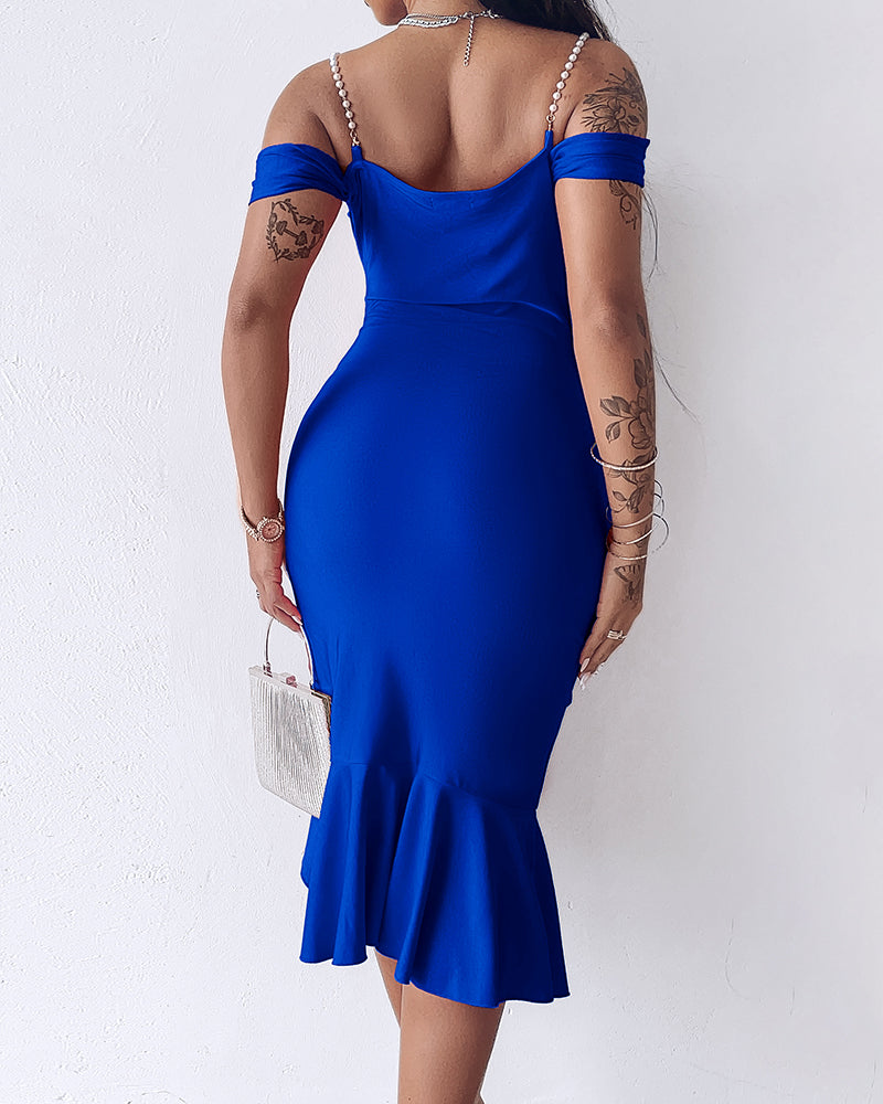 Women's Cold Shoulder Adjustable Pearls Straps Bodycon Dress Cowl Neck Asymmetrical Ruffle Hem Party Dress - Image 18