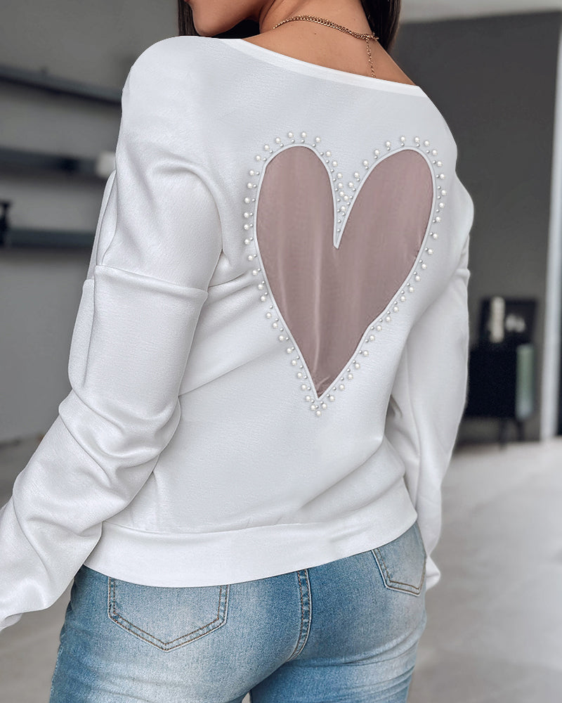 Pearls Decor Sheer Heart Pattern Mesh Spliced Tee Casual Drop Shoulder Long Sleeve Top - Image 2
