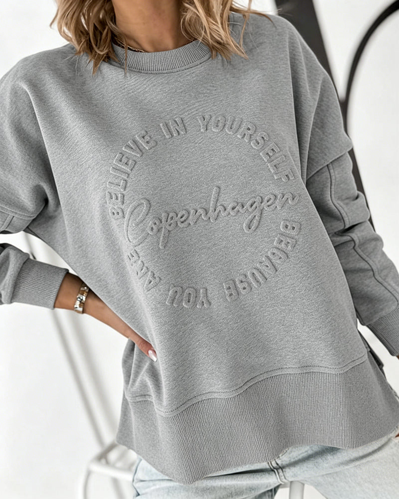 Women's Loose Crewneck Sweatshirt Embossed Letter Print Pullover Top Casual Side Slit Top - Image 28