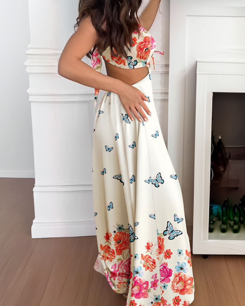 Women's Floral Butterfly Print Maxi Dress Backless Cutout Cami Sundress Ruched Tied Detail Flowy Vacation Dress - Image 3