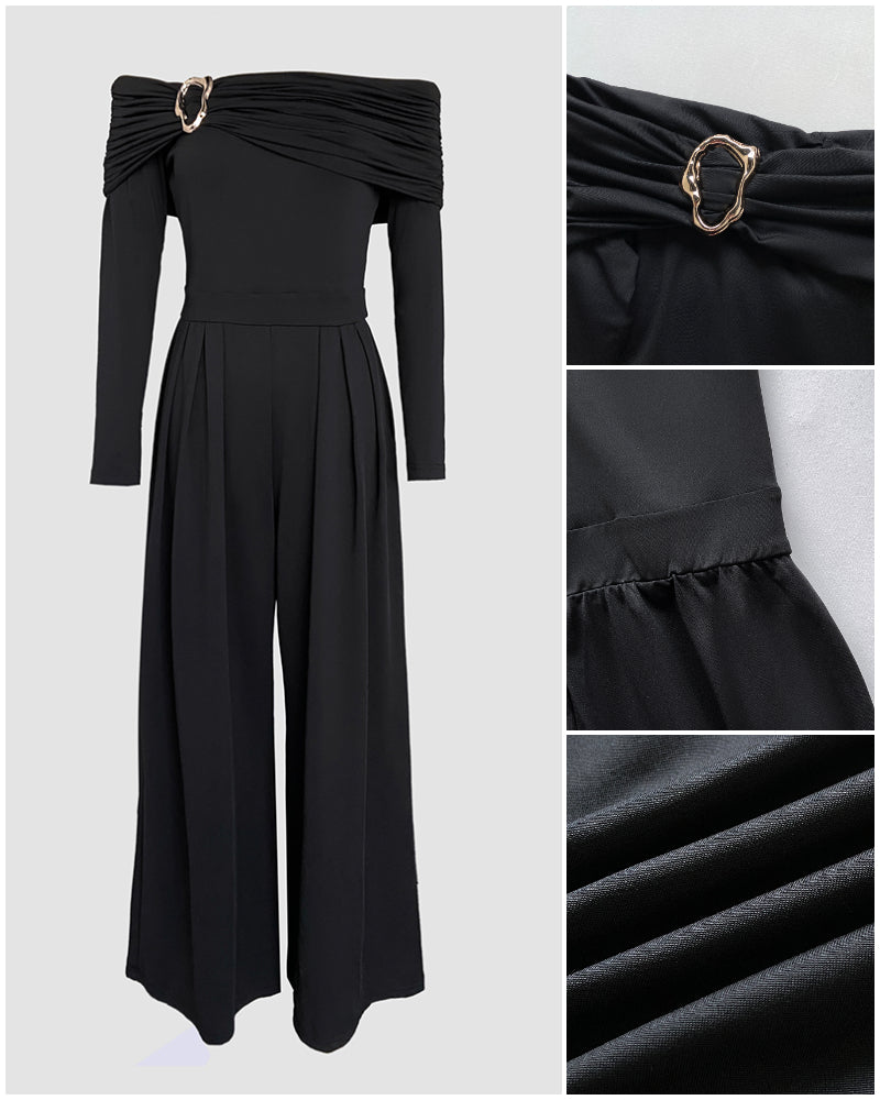 Metal Ring Decor Off Shoulder Ruched High Waist Jumpsuit Casual Cinched Waist Wide Leg Jumpsuit - Image 3