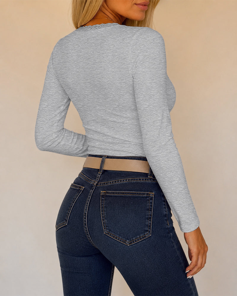 Women's Lace V Neck Ruched T Shirt Slim Fit Long Sleeve Tee Casual Elegant Top - Image 17