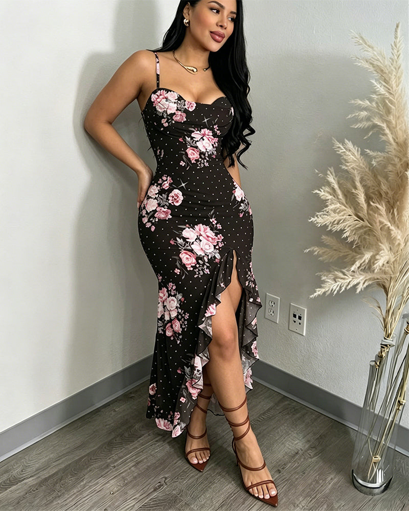 Women's Floral Cowl Neck Cami Midi Dress Casual Rhinestone Mesh Vacation Dress Slit Ruffle Hem Sundress - Image 6