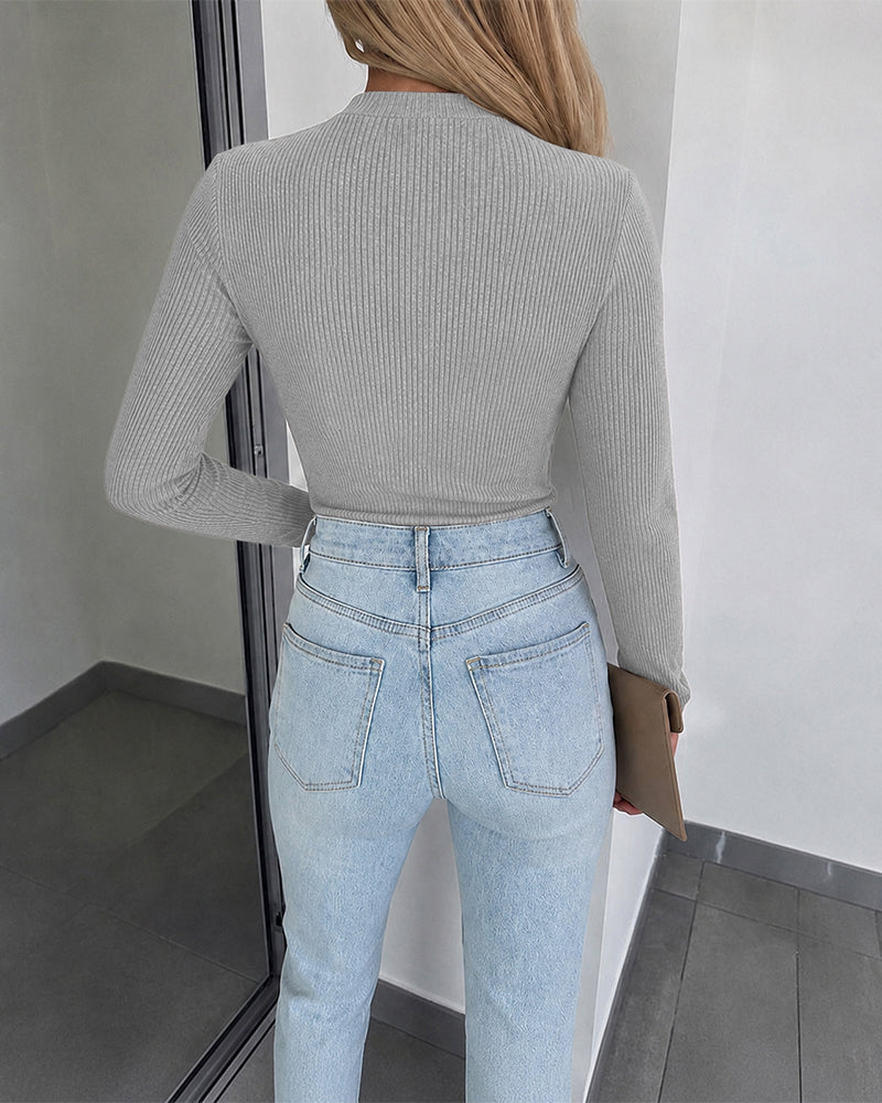 Women's Overlap V Neck Long Sleeve Ribbed Knit Top Rhinestone Side Button Ruched Slim Fit Asymmetric Hem Sweater - Image 21
