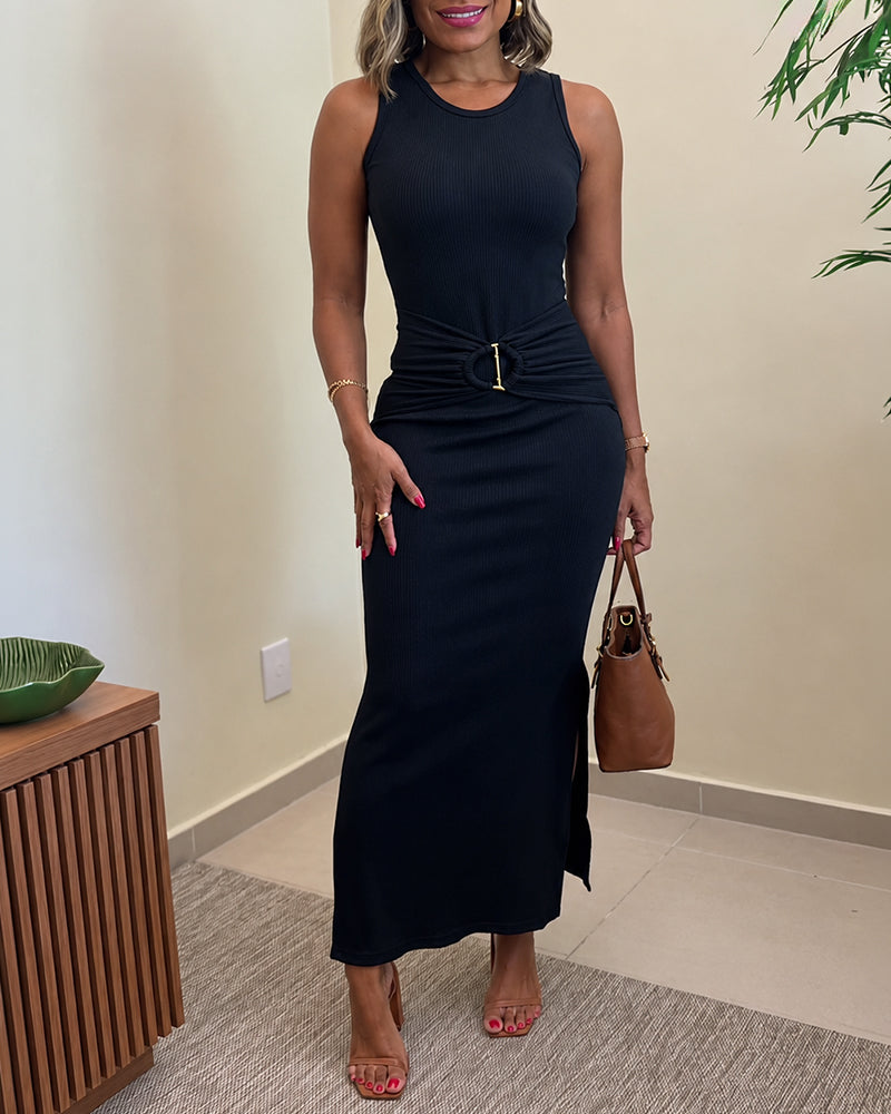 Women's Rib Knit Sleeveless Maxi Dress Ruched Gold Buckle High Waist Side Slit Bodycon Dress - Image 6