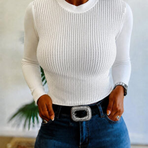 Women's Rhinestone Sparkle Ribbed Long Sleeve Crewneck Top